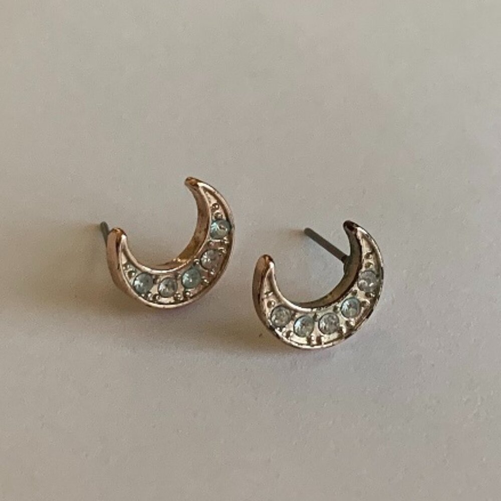 Gold Rhinestone Crescent Moon Stud Earrings
